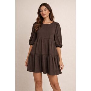 BB Dakota Steve Madden Chocolate Brown Babydoll Tiered Puff Sleeve Dress XS 90's